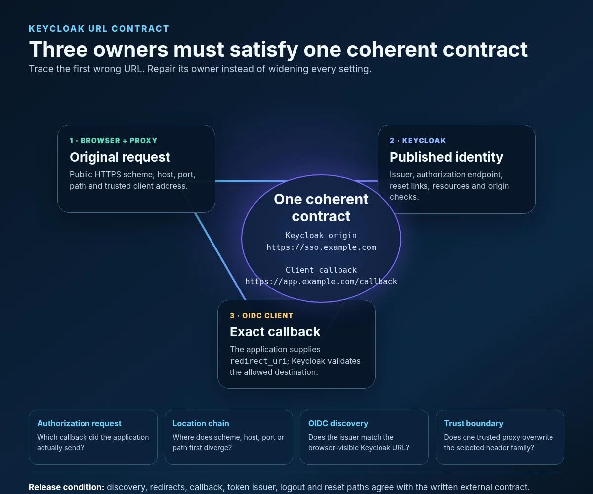 Keycloak URL contract triangle linking the browser-visible address, trusted proxy headers, Keycloak hostname, and application callback.