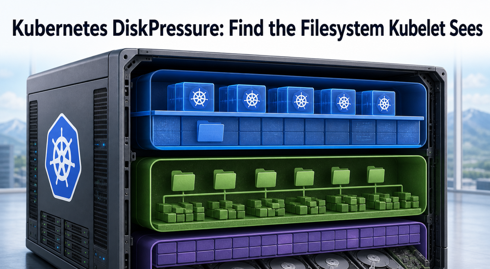 Kubernetes DiskPressure article cover showing kubelet tracing nodefs, imagefs, and containerfs storage pressure.