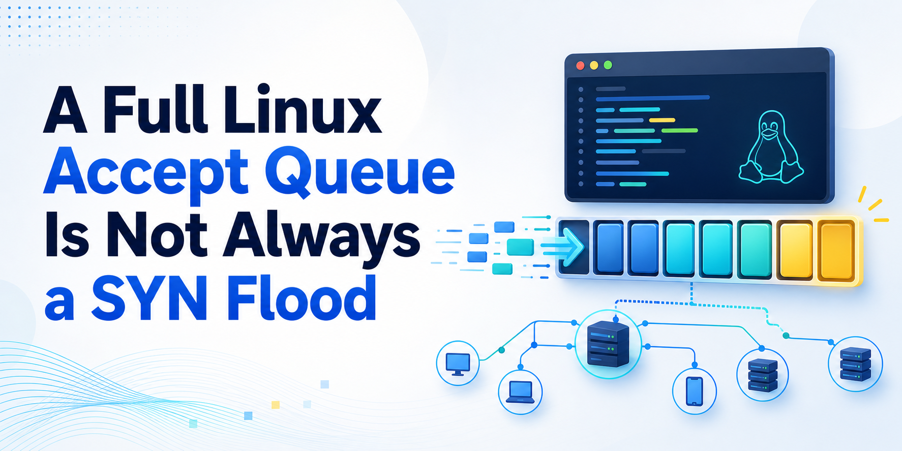 A Full Linux Accept Queue Is Not Always a SYN Flood shown as completed connections waiting for an application to accept them.