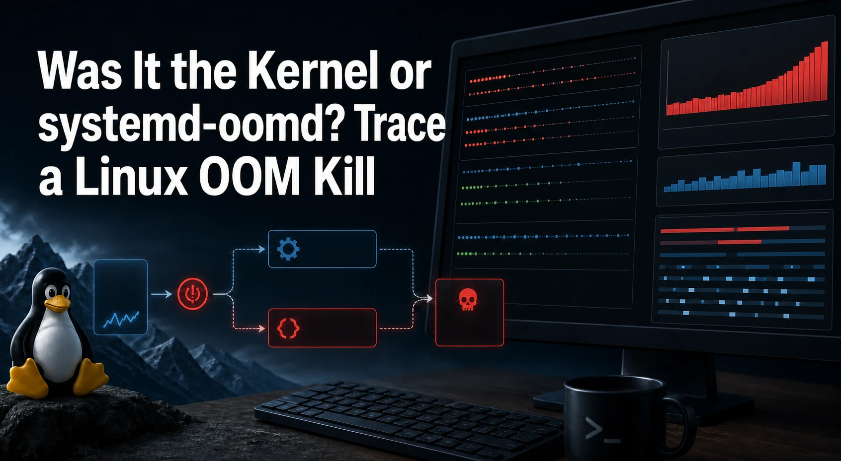 Linux OOM investigation comparing the kernel and systemd-oomd, with the exact article title.