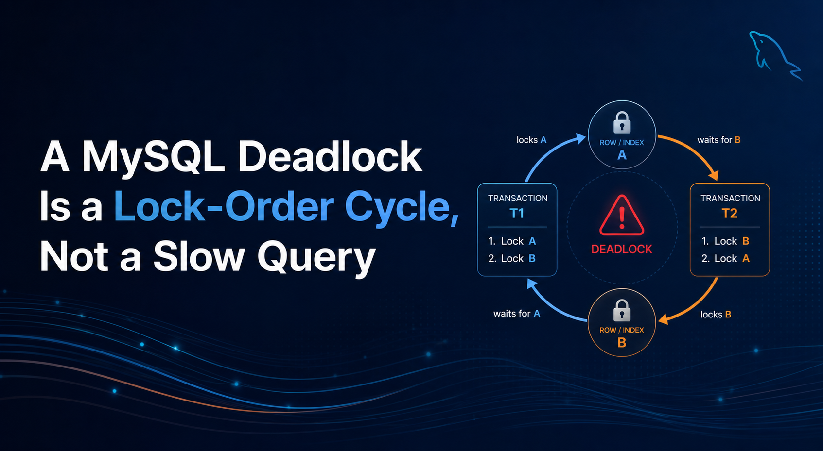 MySQL deadlock lock-order cycle with two transactions waiting on each other.
