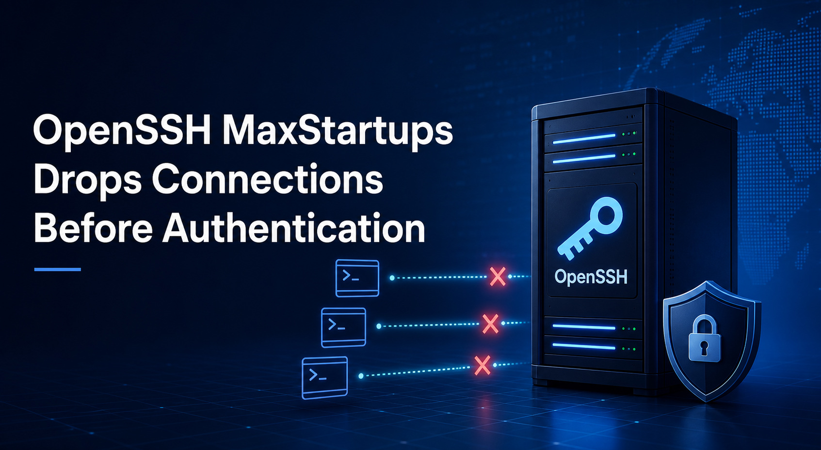 OpenSSH server rejecting three terminal connections before authentication.