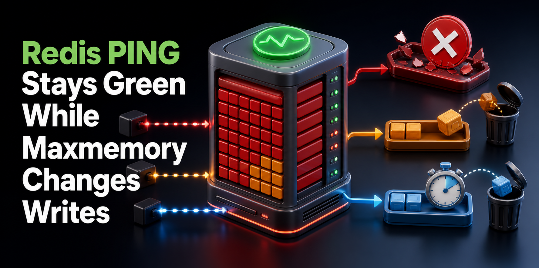 Redis PING Stays Green While Maxmemory Changes Writes shown with memory policy controls for rejected writes, evictions, and TTL limits.