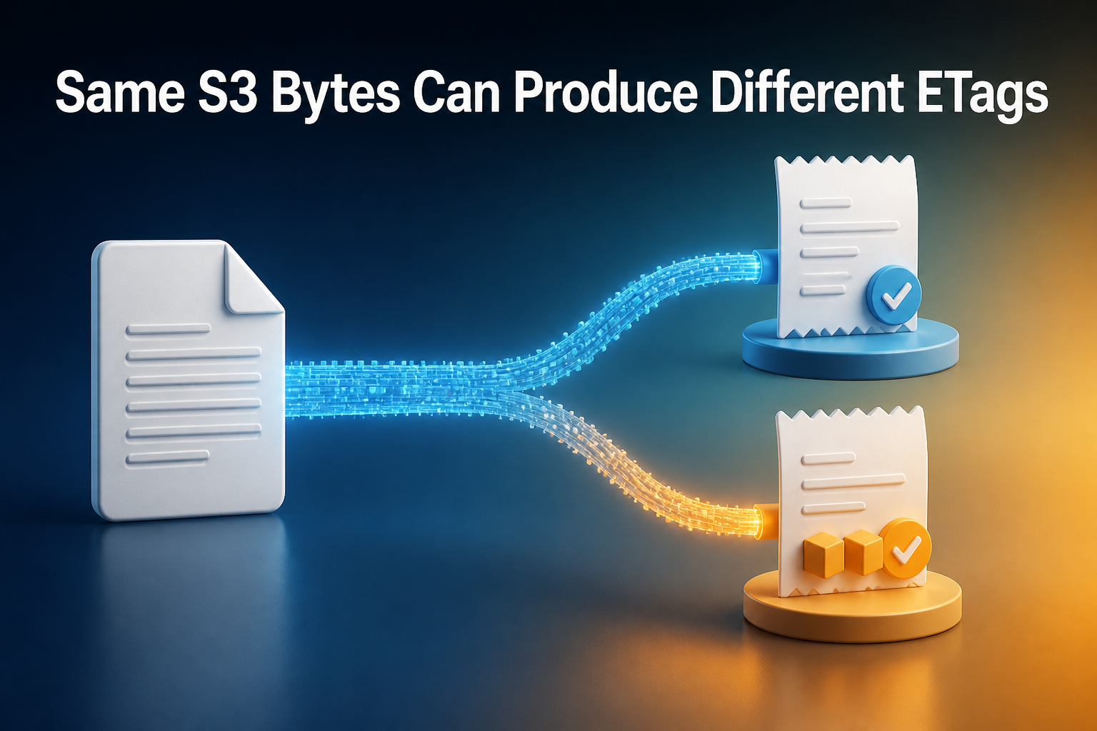 Same S3 Bytes Can Produce Different ETags shown with one file splitting into single and multipart upload receipts.