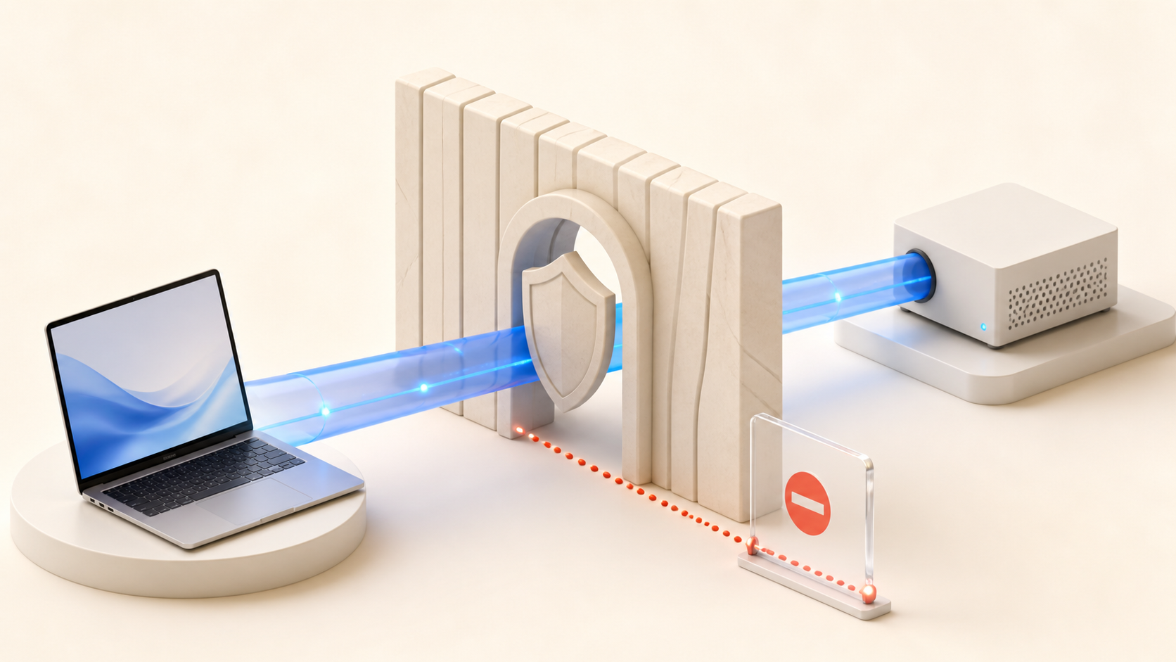 Laptop connecting to a VPS through a private encrypted tunnel and firewall while the public SSH route is blocked.