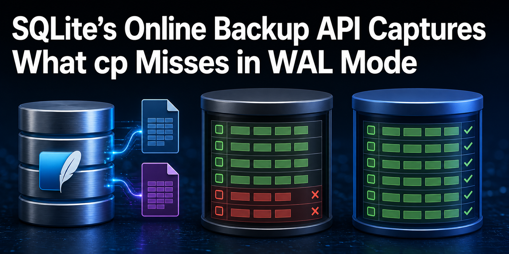 SQLite’s Online Backup API capturing all committed WAL records while a raw cp copy misses two rows.