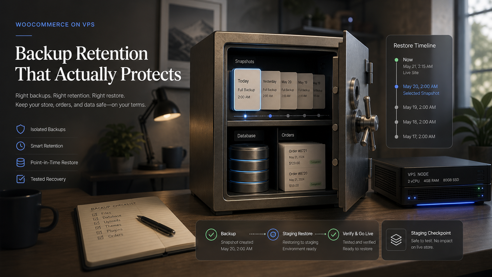 WooCommerce backup retention workflow on a VPS showing database snapshots, order records, off-server backup vault, staging restore and recovery checkpoints.